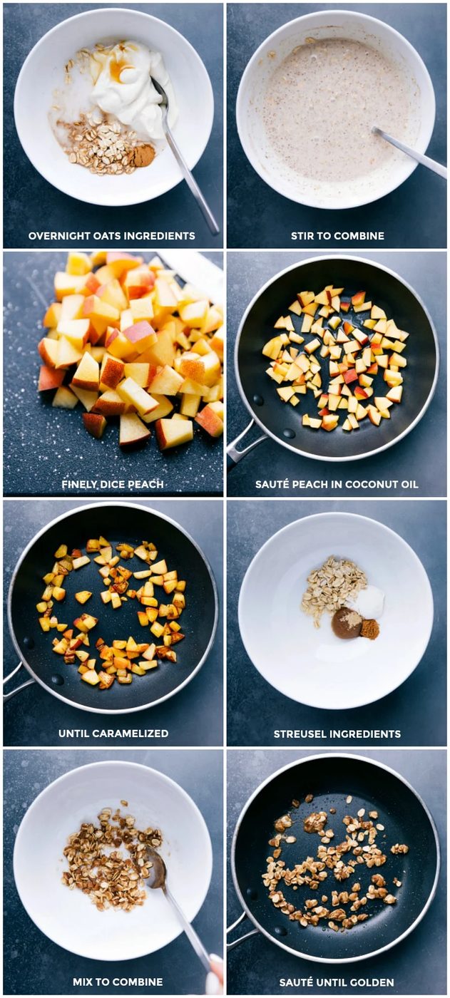 Mixing all the ingredients for the breakfast, caramelizing fresh peaches, and preparing the streusel.