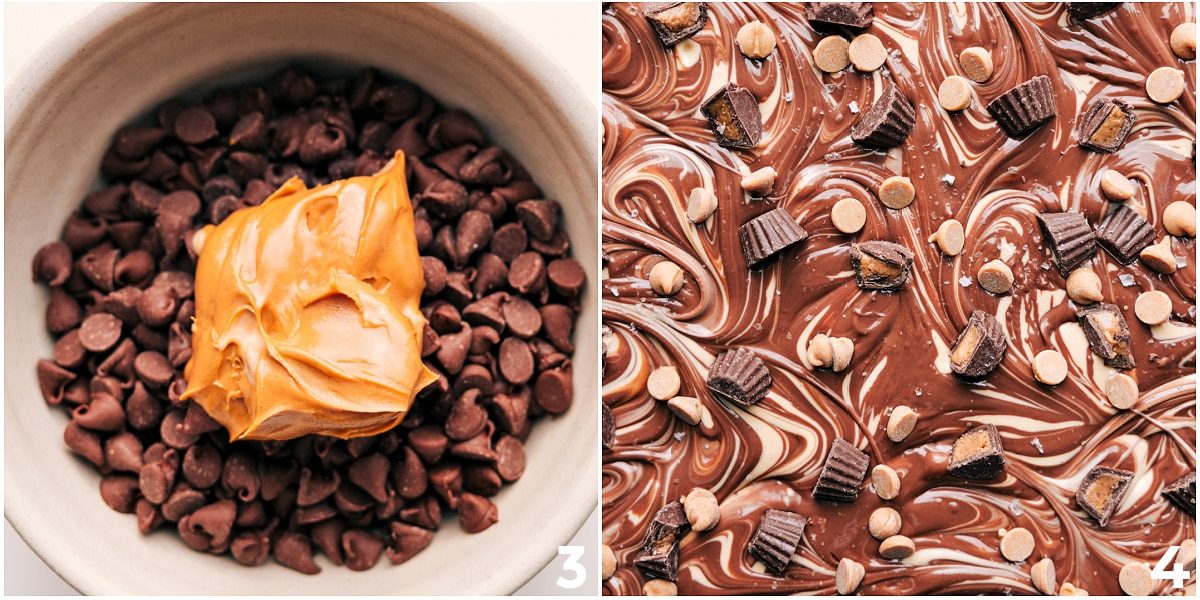 The chocolate and peanut butter layer being melted together and spread over the white chocolate layer and then the toppings pressed on top.