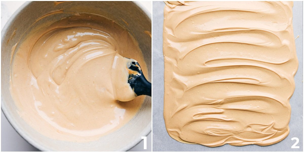 The peanut butter and white chocolate base for this peanut butter bark melted together and spread on a sheet pan.