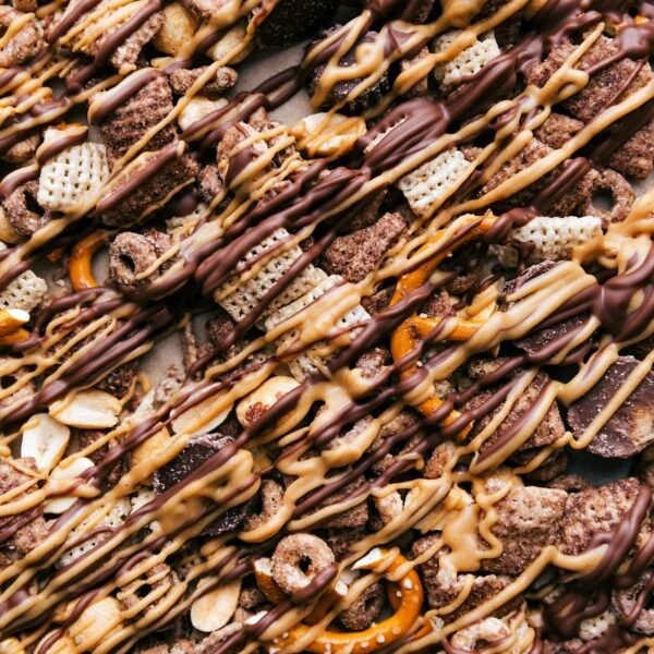 Finished chex mix chocolate peanut butter snack mix, packed with satisfying ingredients, ready for enjoyment.