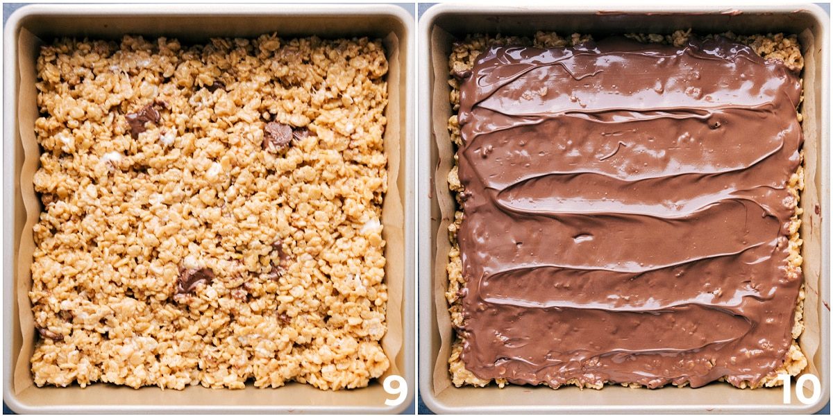 Press the no-bake dessert into an even layer in the baking pan, then spread melted chocolate on top.