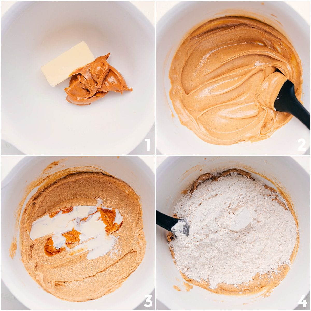 Peanut butter and butter being beaten together, then sugar, vanilla, salt, and heat-treated flour added for Peanut Butter Edible Cookie Dough.