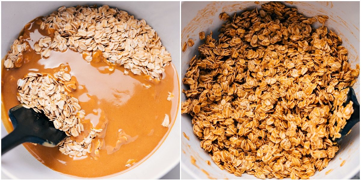 The wet ingredients mixed with oats until fully combined and ready to bake to crispy perfection.