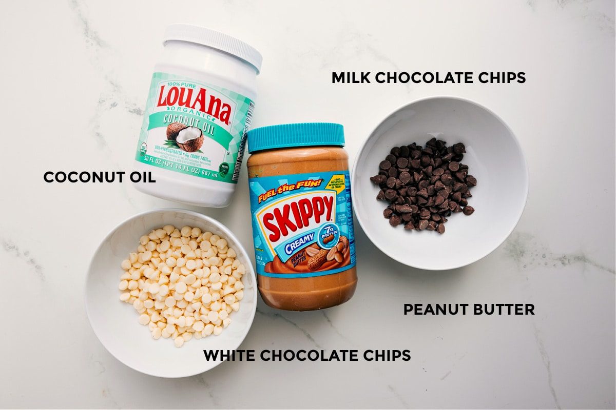 All the ingredients in this recipe prepped out for straightforward assembly including the oil, chocolate chips, and peanut butter.