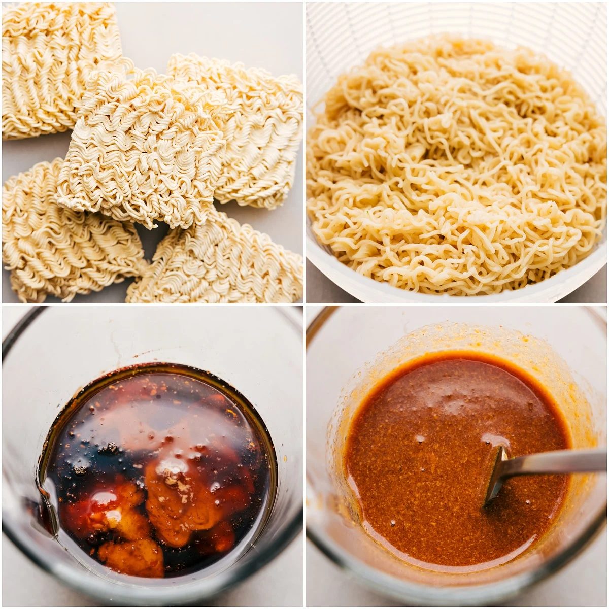Ramen noodles cooking while the peanut sauce is whisked together for this Peanut Butter Ramen.