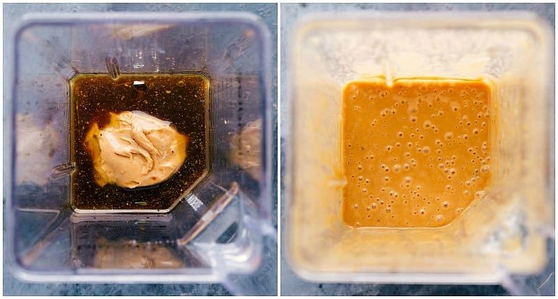 Blender filled with ingredients for a delectable sauce, ready to be mixed together.