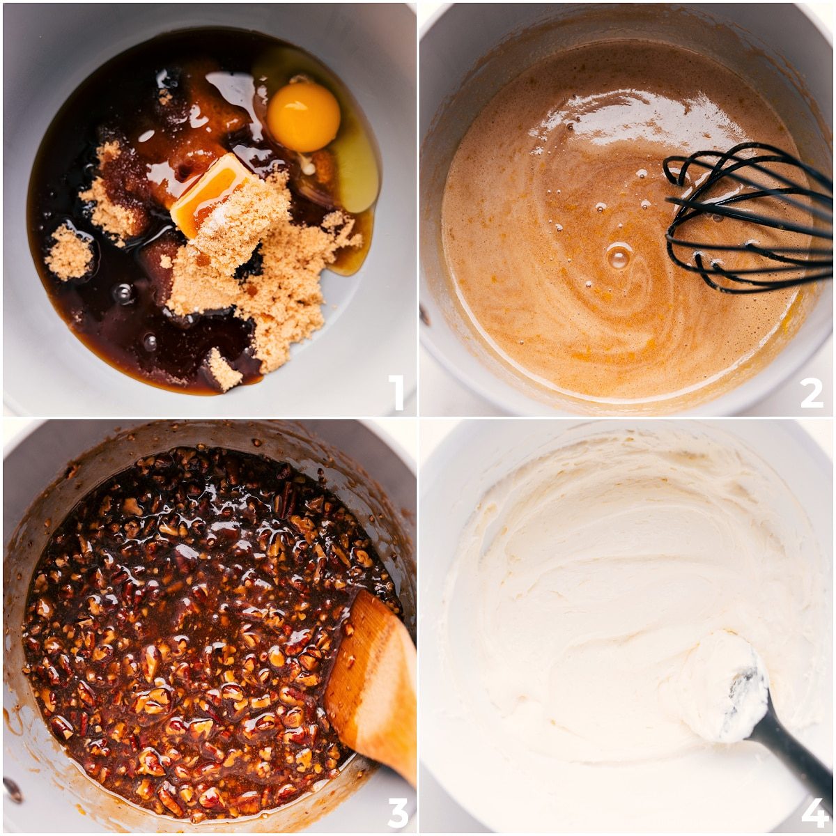 The sugary pecan mixture melting on the stove with pecans stirred in, alongside the cream cheese and whipped cream layer being mixed for pecan pie dip.
