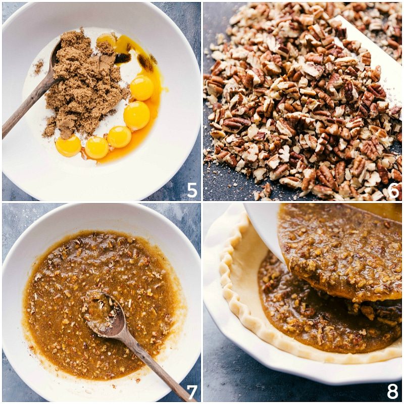 Making the pie filling, mixing wet ingredients, adding pecans, and pouring into the prepared pie pan to make the satisfying pecan pie recipe.
