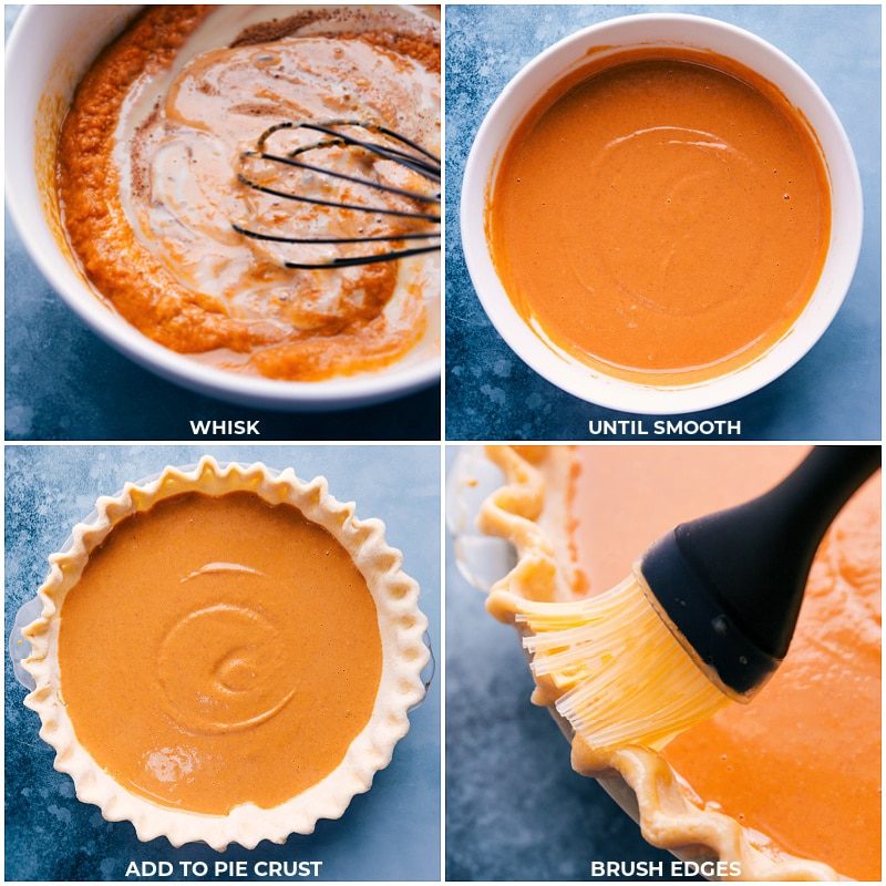 Whisking together the filling ingredients, pouring them into the crust, and brushing the crust with an egg wash.