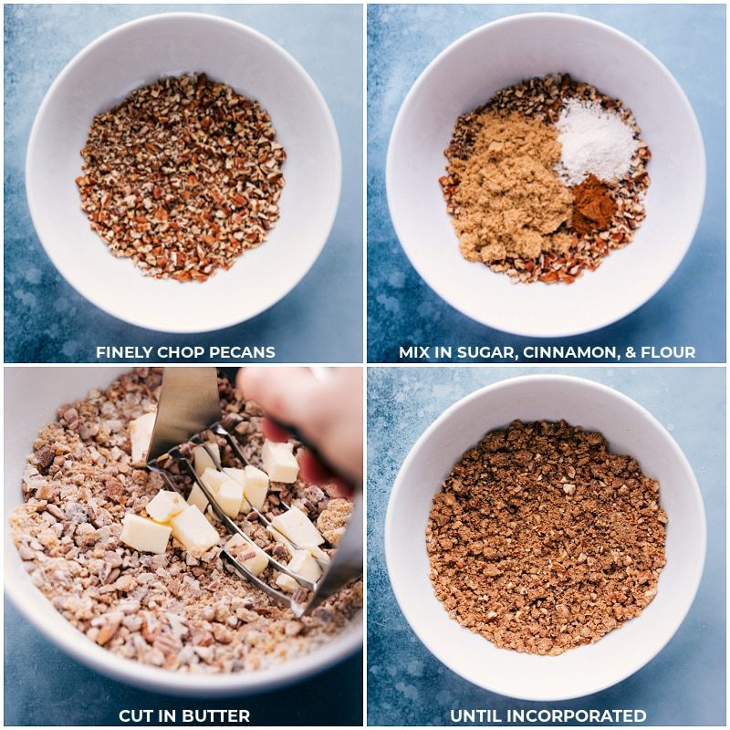 Preparing the pecan topping for the pumpkin pecan pie.