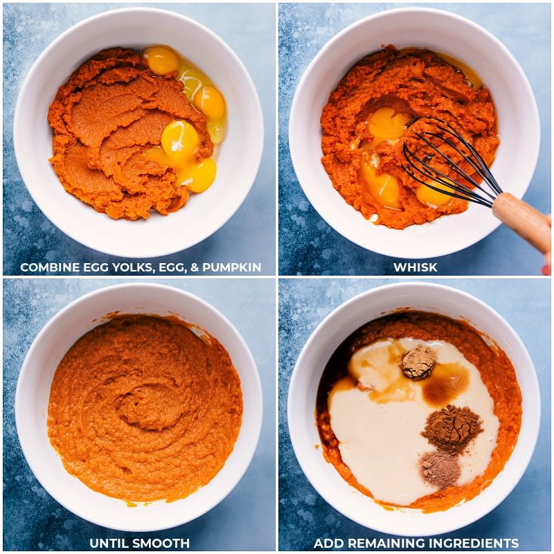 Eggs and pumpkin whisked together with sweetened condensed milk, vanilla, and spices for this pumpkin pecan pie.