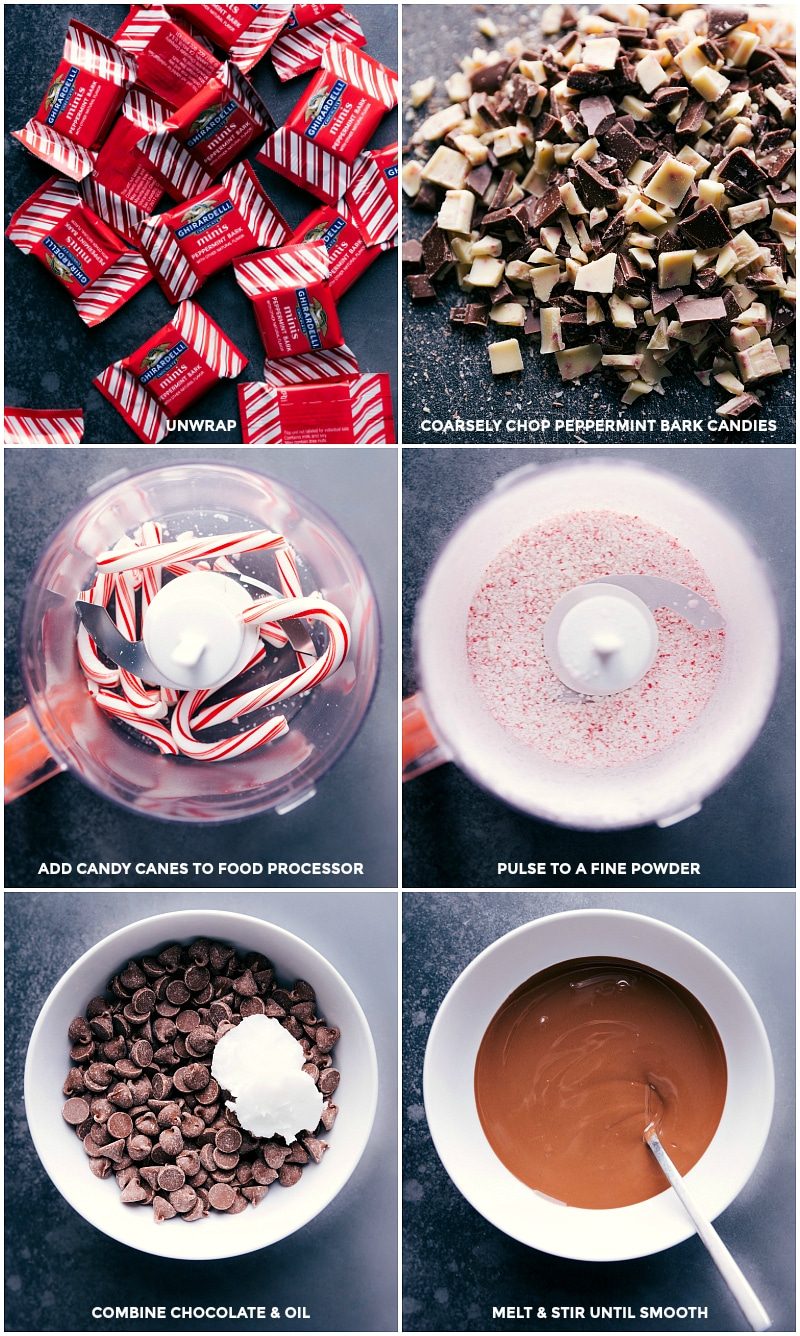 Unwrapped and coarsely chopped peppermint bark candies; unwrapped candy canes in a food processor pulsed to a fine powder; melted chocolate combined with coconut oil until smooth.