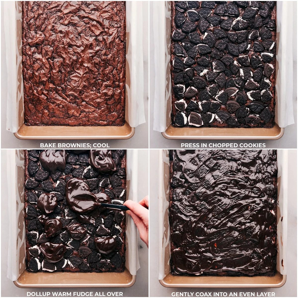 evenly baked brownies cooling while still in the tray, with chopped peppermint Oreo cookies being pressed in, followed by an even layer of warm fudge spread over the top, prepping for the next stage of the assembly.