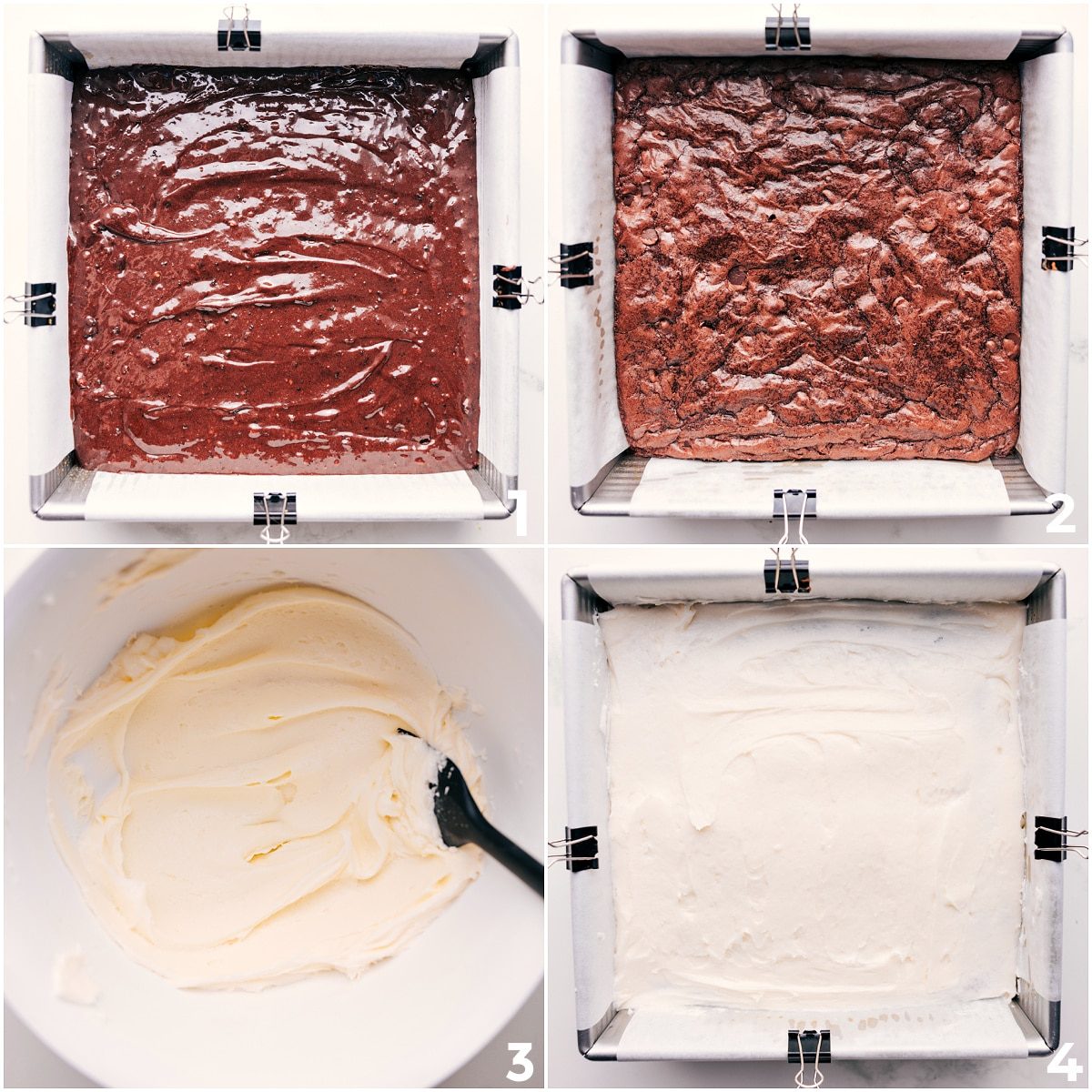 The peppermint brownies being baked up and then the cream cheese frosting layer being layered on.