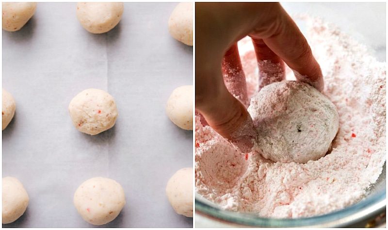 Cookie dough on a sheet pan ready to be baked; the freshly baked cookies being dipped in a mixture of peppermint and powdered sugar.