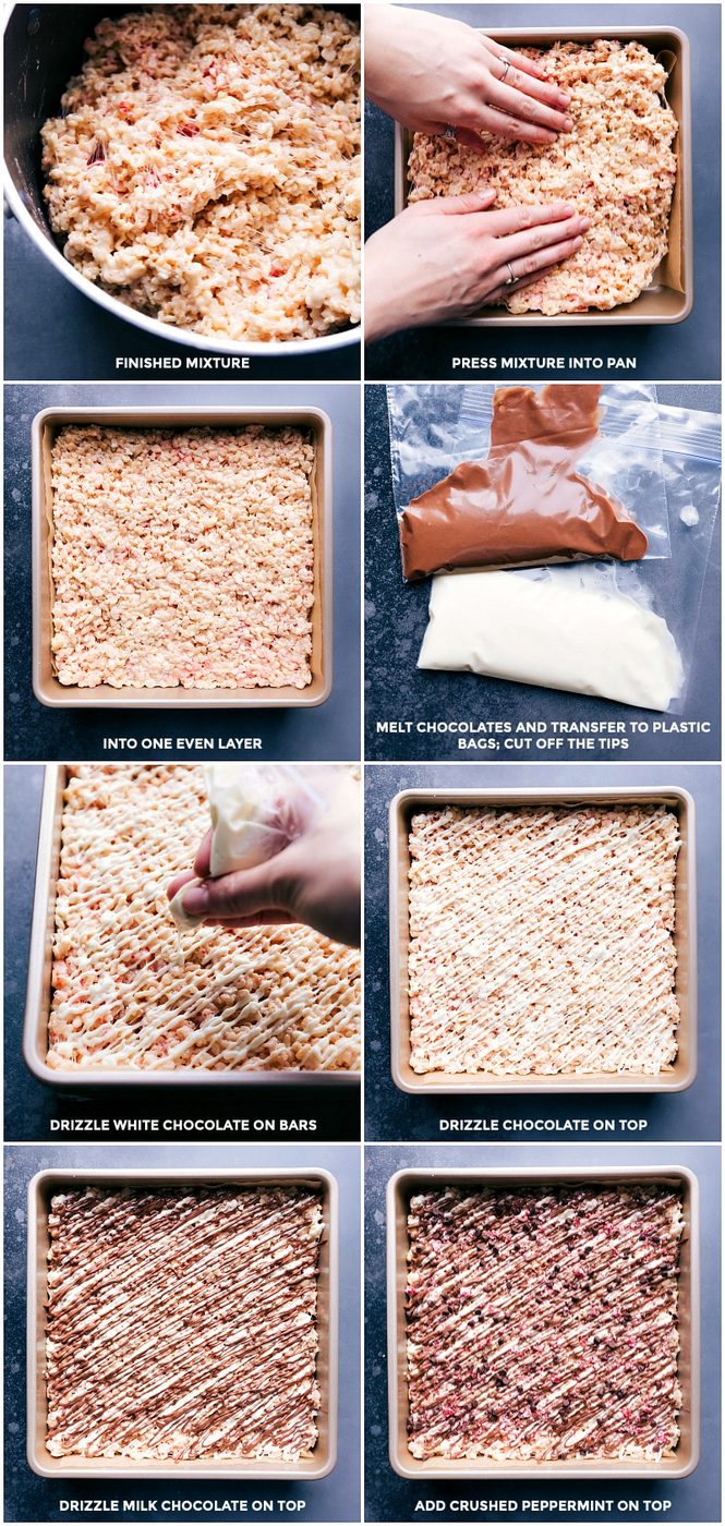 Process shots: Once krispie mixture is created, press into a pan; smooth into one layer; melt chocolates and move to plastic bags for piping; Drizzle with white chocolate; then milk chocolate; then crushed peppermint on top.