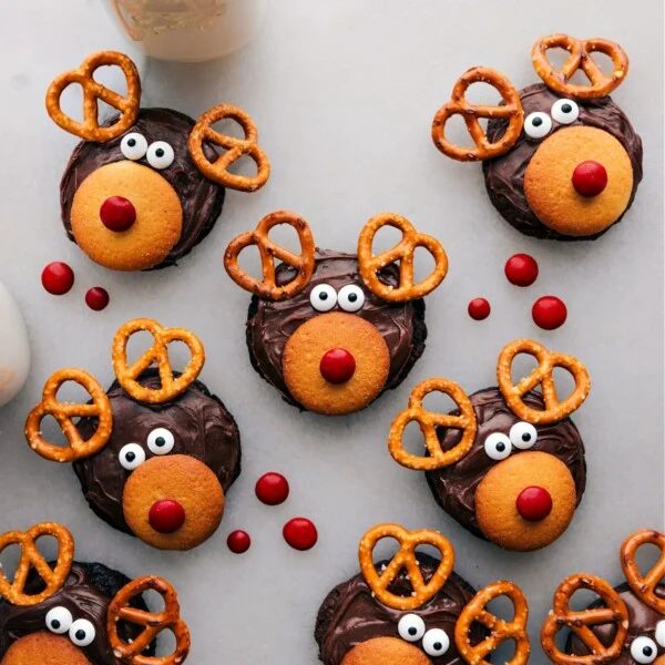 Adorable and satisfying cookies decorated to resemble reindeer, making a reliable festive dessert.
