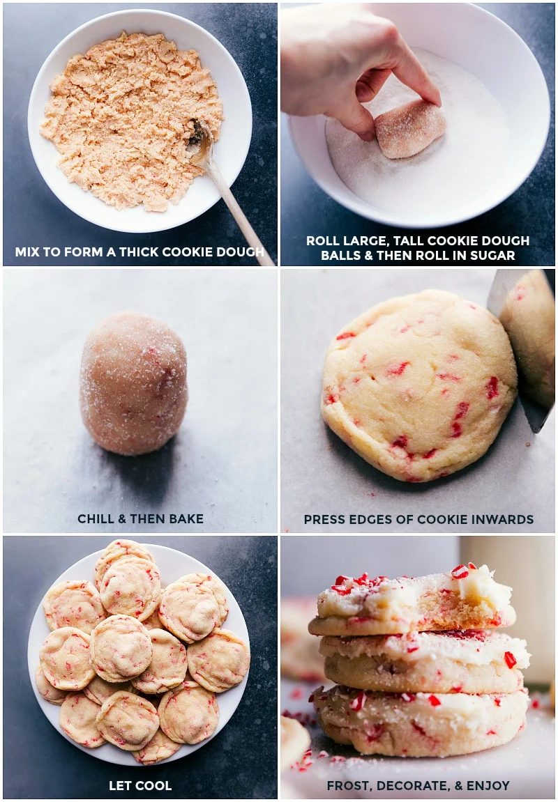Roll out the dough balls, coat them in sugar, bake, and top with frosting.