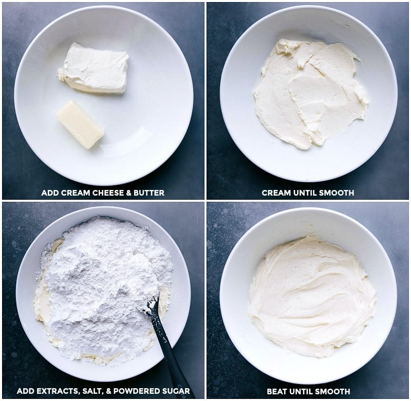 Make the frosting by combining softened cream cheese and butter; cream until smooth; add extracts, salt and powdered sugar; beat until smooth then add to the Peppermint Sugar Cookies.