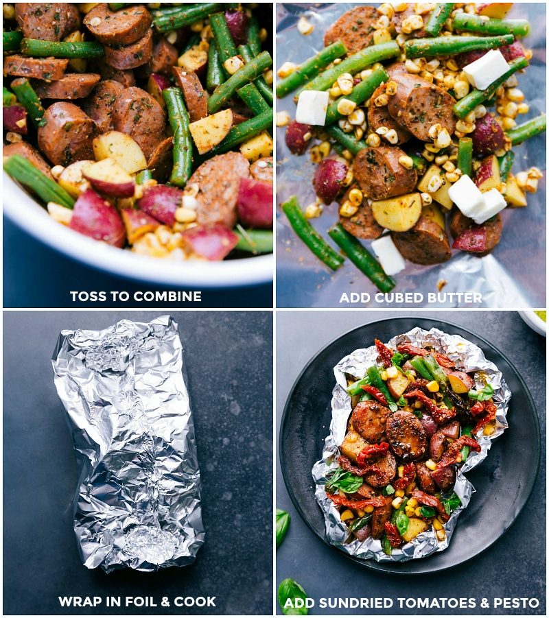 Ingredients for straightforward foil pack mean in a bowl, with butter added, then wrapped in foil, and cooked.
