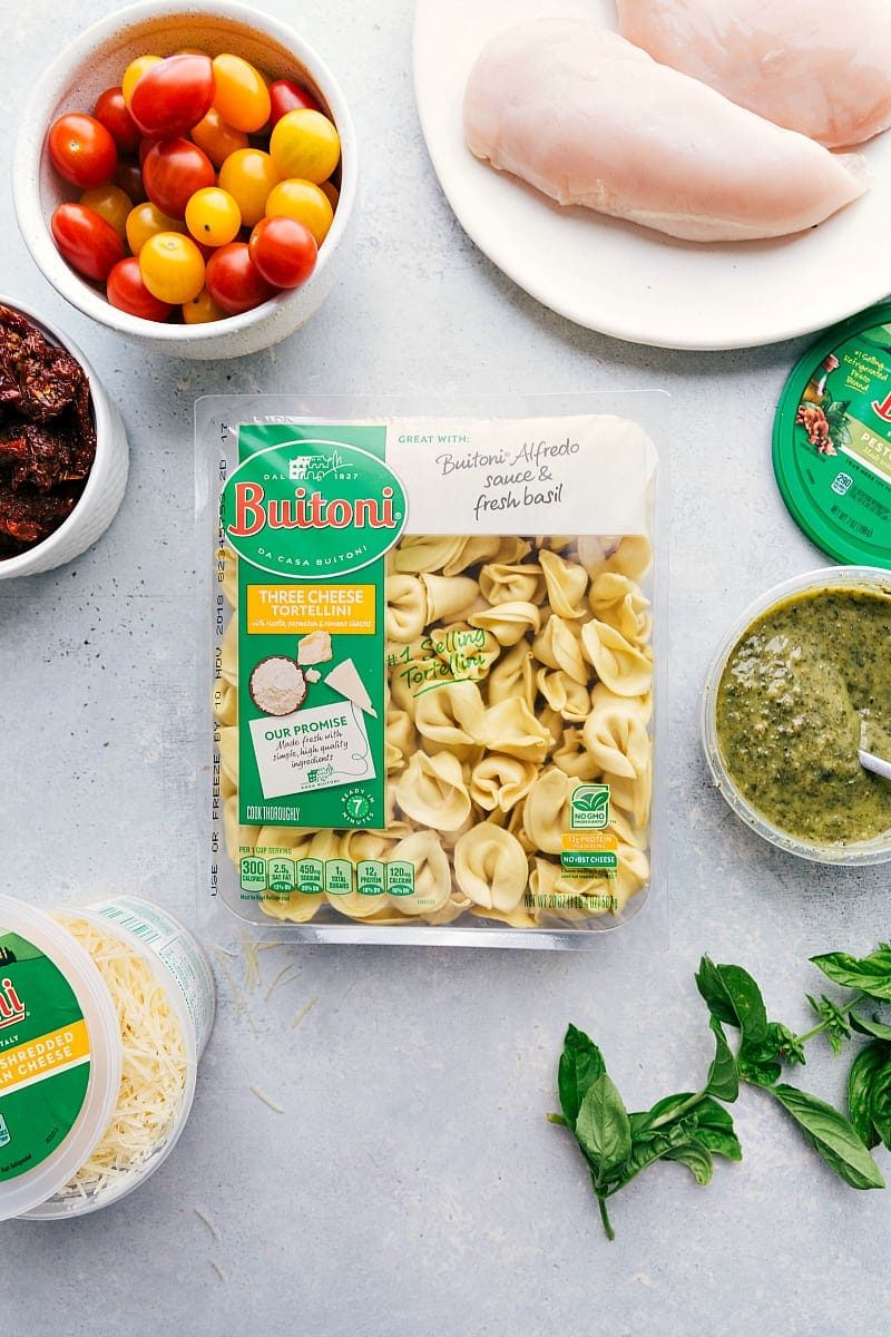 Process shot-- image of all the ingredients that go into Pesto Chicken Tortellini.