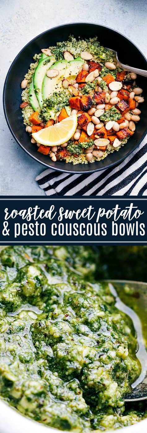 The BEST roasted sweet potato couscous bowls with pesto, avocado, honey roasted almonds, and white beans. Healthy vegetarian meal!! via flexfa.com