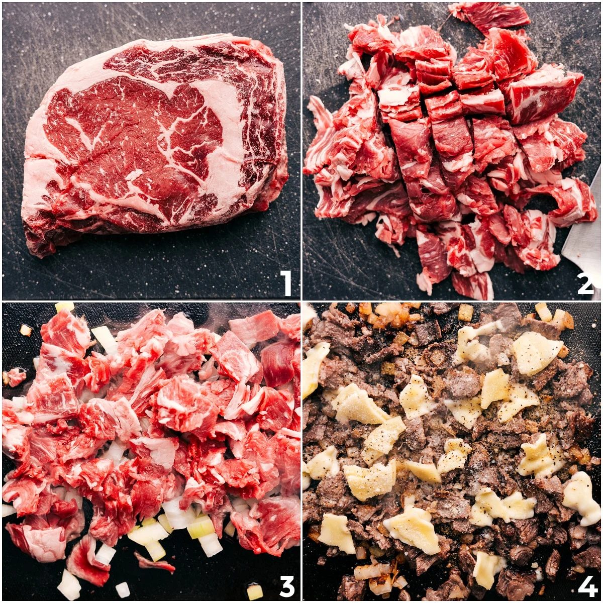 Ribeye being shredded and cooked with seasonings and provolone for this Philly cheesesteak recipe.