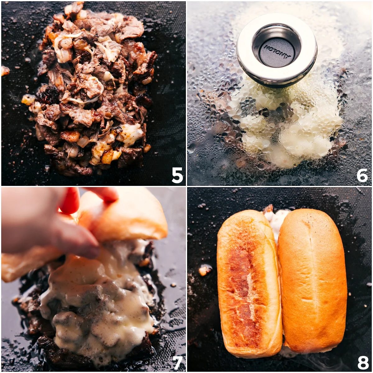 Additional cheese being melted on top of the meat and then the bun being added on top to warm through.