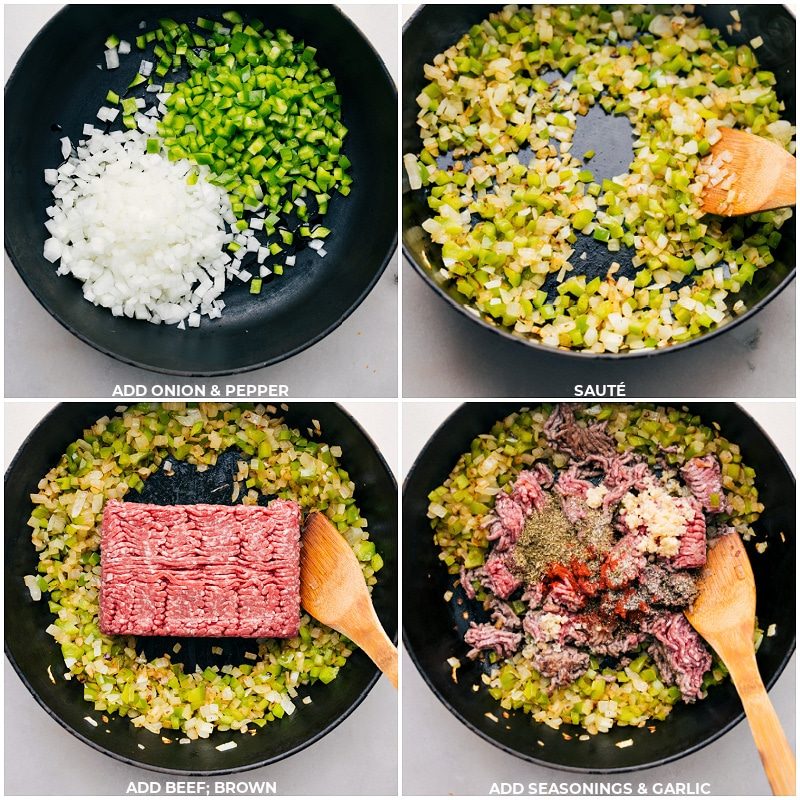 Onion, pepper, beef, seasonings, and garlic all being sautéed for Philly Cheesesteak Sloppy Joes.