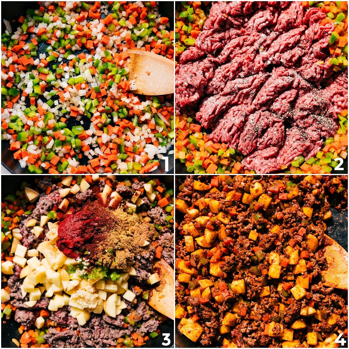 The veggies are sautéed, the beef is browned, seasonings and tomato paste are added, and everything is cooked together for this Mexican Picadillo.