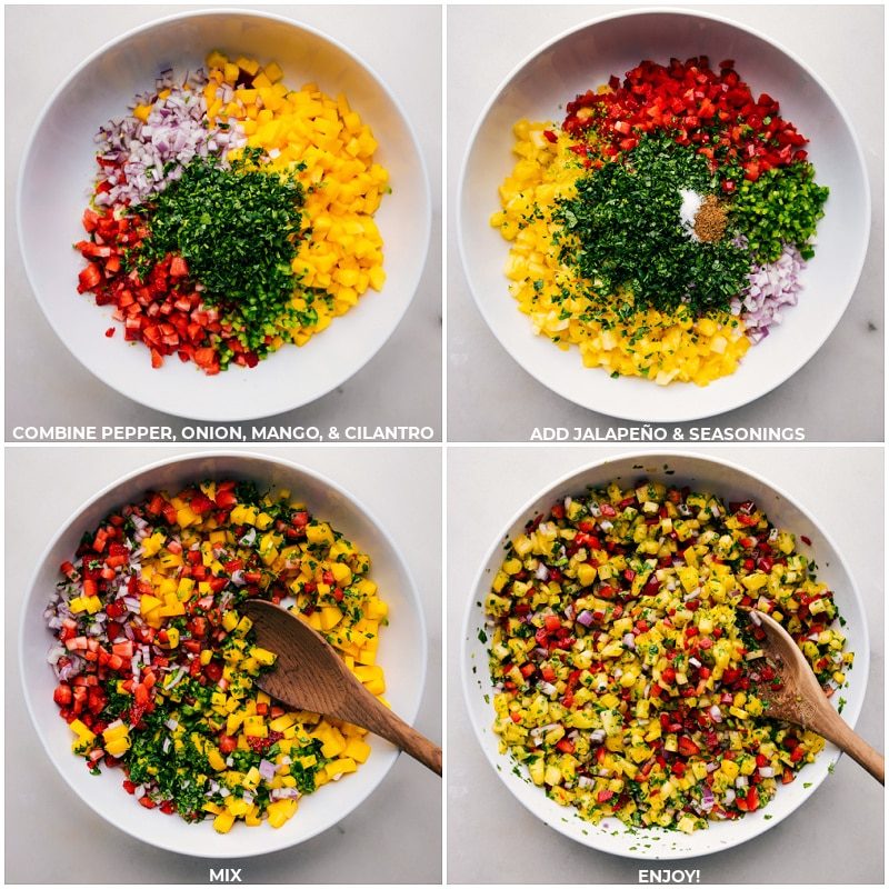 The first four steps for making pineapple salsa, including combining and mixing.