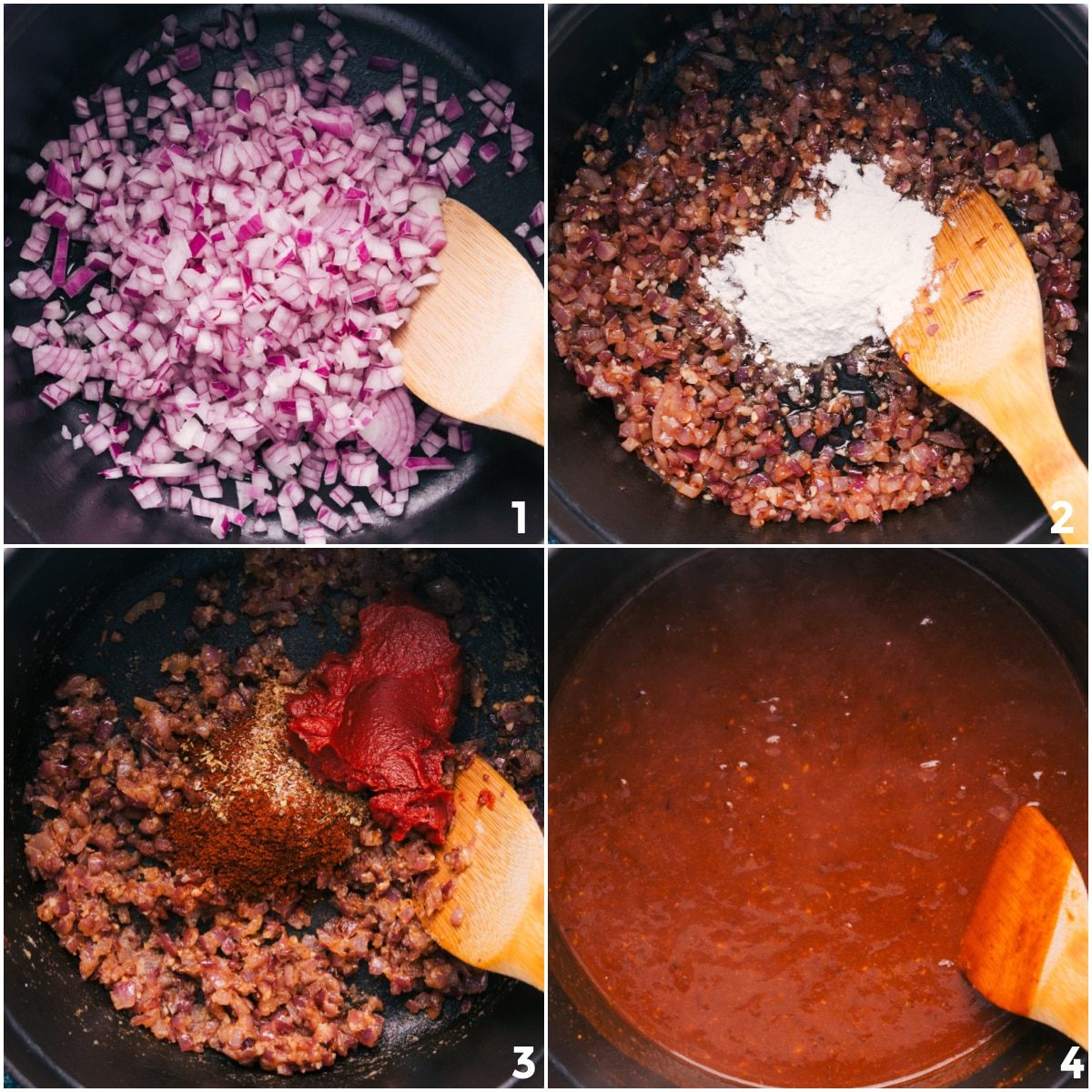 Sautéed onions with flour, seasonings, tomato paste, and broth being added to the pot for this pinto bean soup recipe.