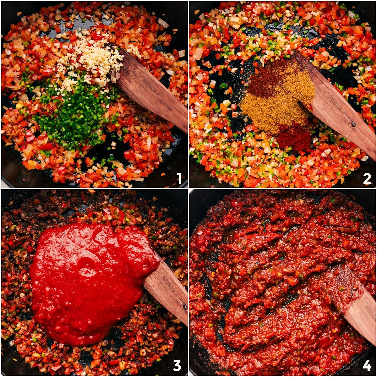Onion, peppers, garlic, jalapeño, seasonings, and fire-roasted tomatoes sautéing together in a skillet.