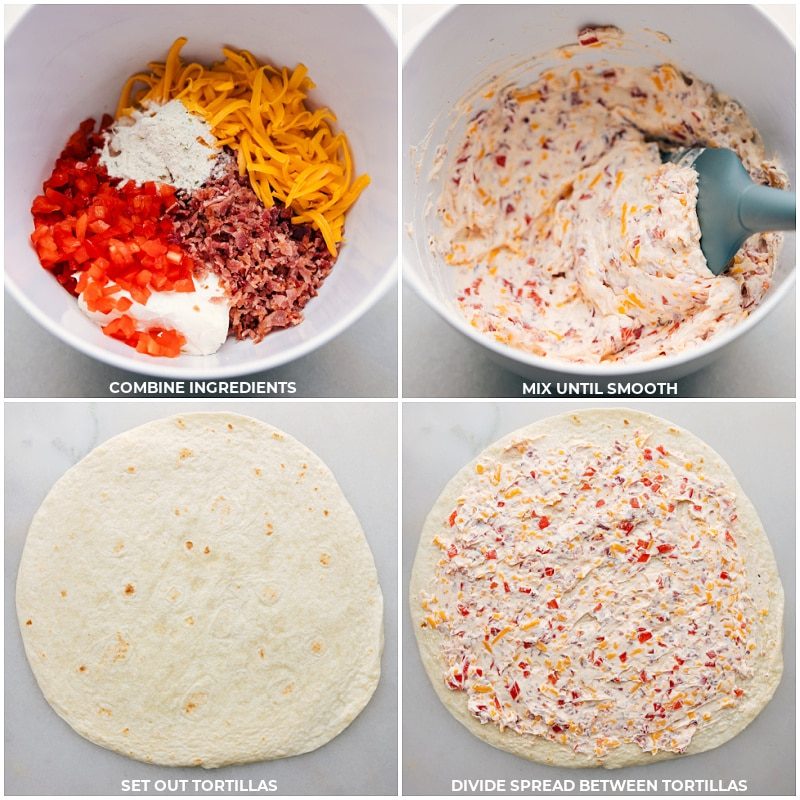 All the filling ingredients for these ham and cheese pinwheels mixed together in a bowl and then spread onto a tortilla.