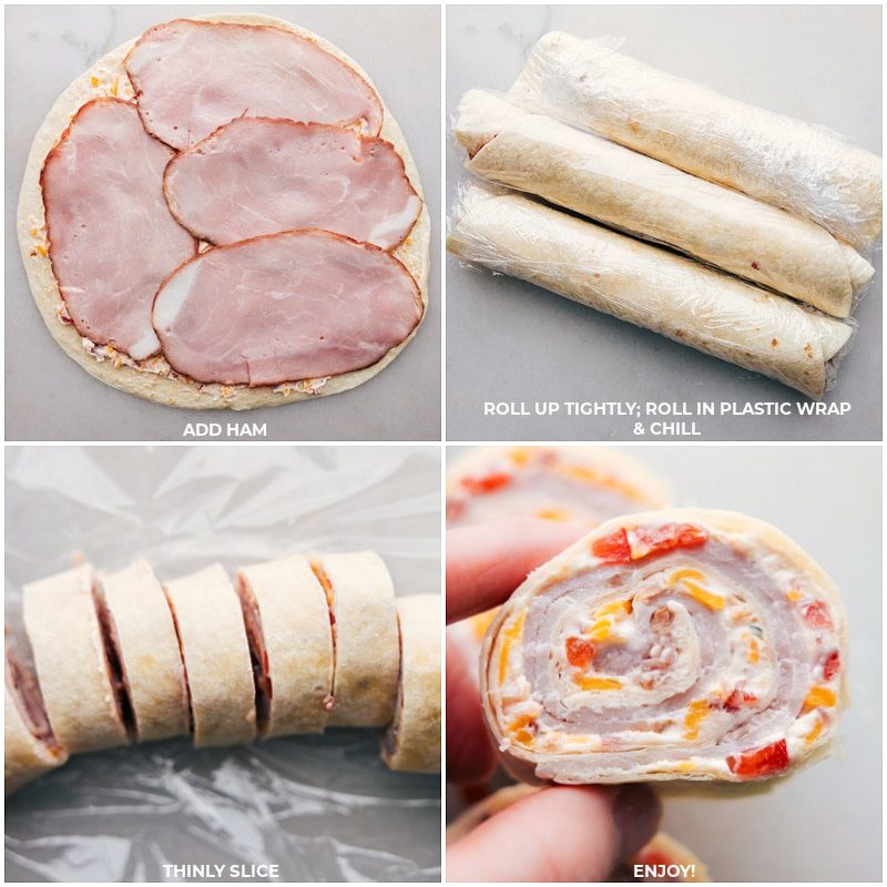 The ham added into the spread tortilla and then it all rolled up and sliced to serve.
