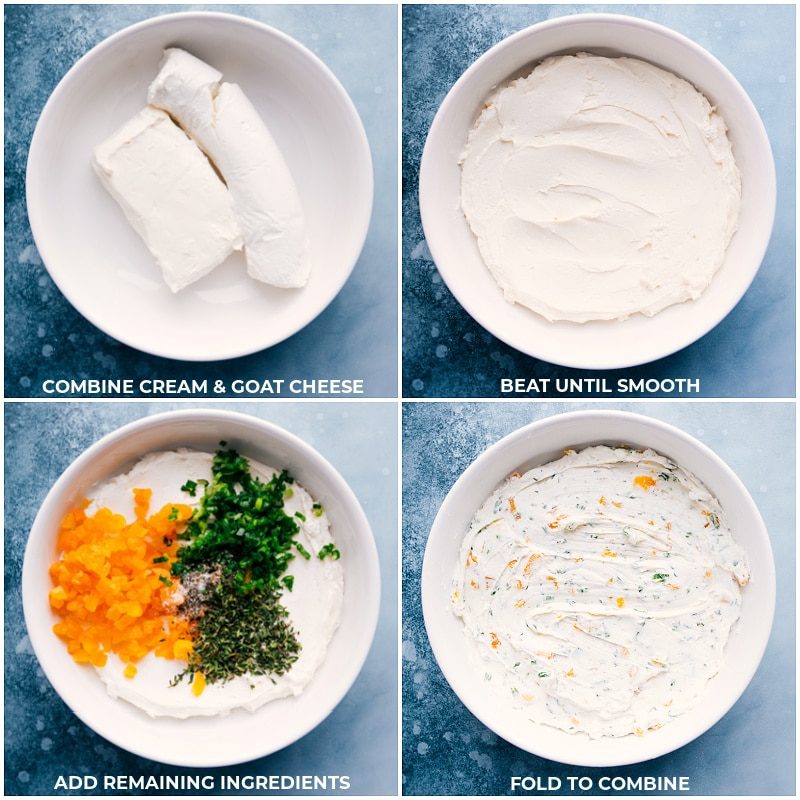 Process shots of Pistachio Goat Cheese Ball-- images of the cream cheese, goat cheese, and remaining ingredients being added into a bowl and it all being mixed together