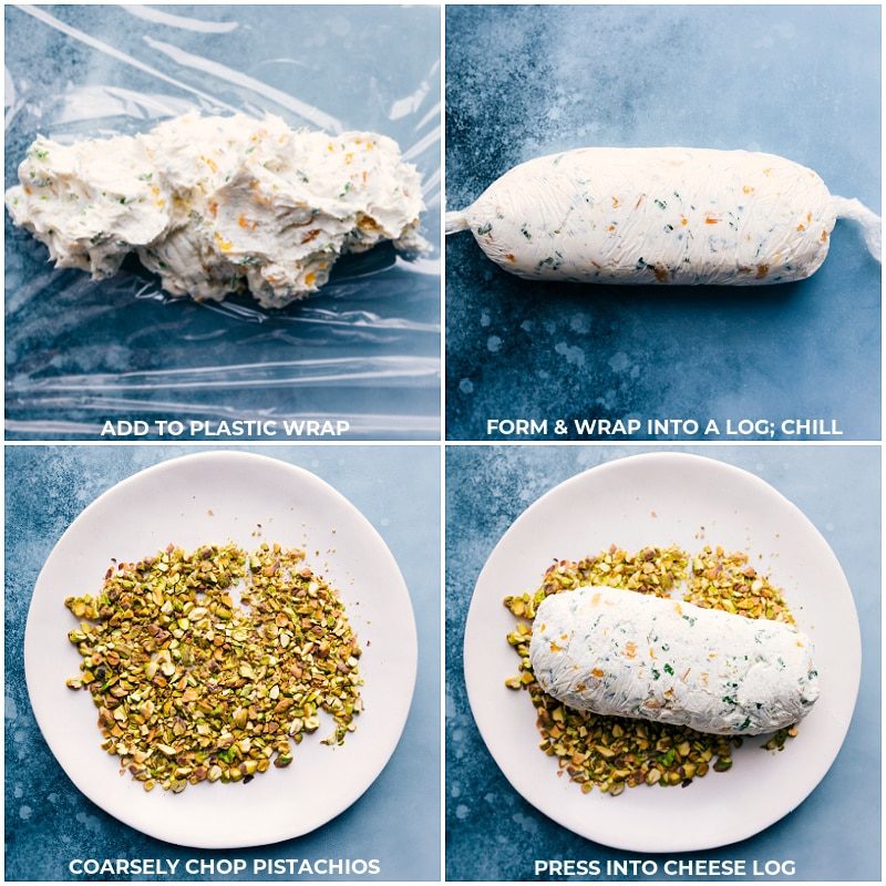 Process shots-- images of the filling being added to the plastic wrap and it being chilled then being rolled in the pistachios