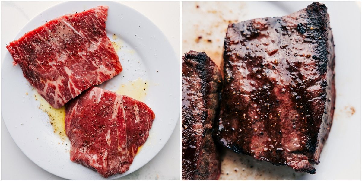 Steak sizzling on the grill, cooked to perfection for this grilled steak salad recipe.