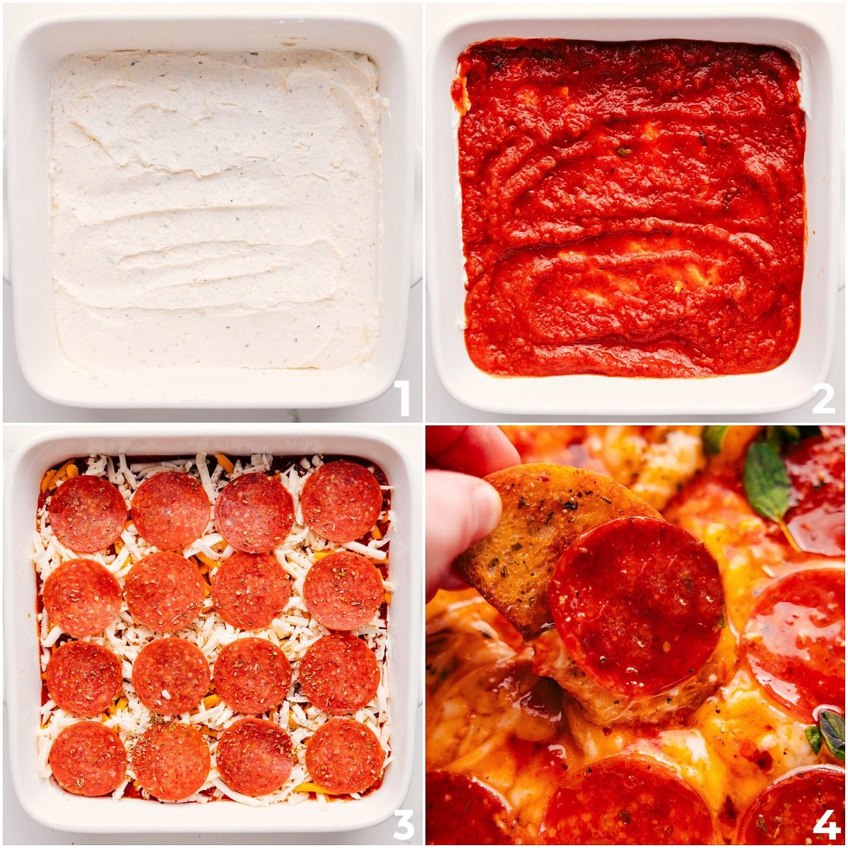 All the layers of this pizza dip recipe being layered into the pan and then baked.