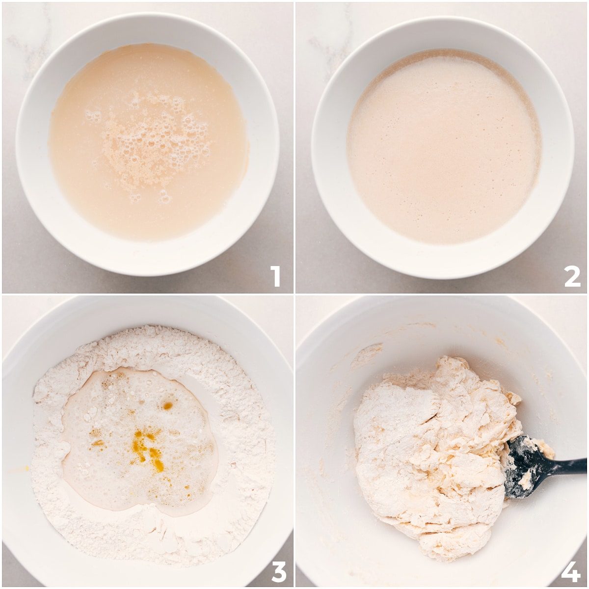 The yeast developing and being mixed with the dry ingredients for this straightforward pizza dough recipe.