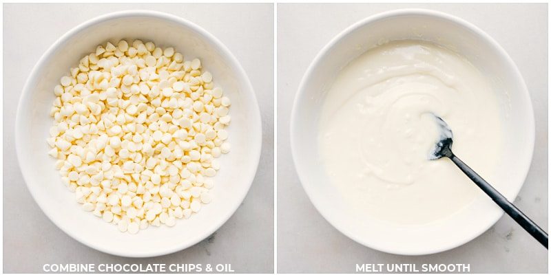 The white chocolate being melted to add to this popcorn snack mix.