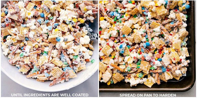 Everything in this popcorn snack mix being spread on a sheet pan to harden.