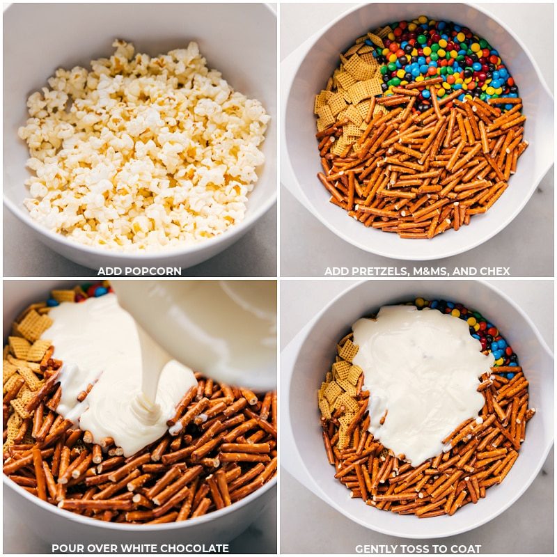 The popcorn, pretzels, M&M's, Chex, and white chocolate all being added to a bowl.