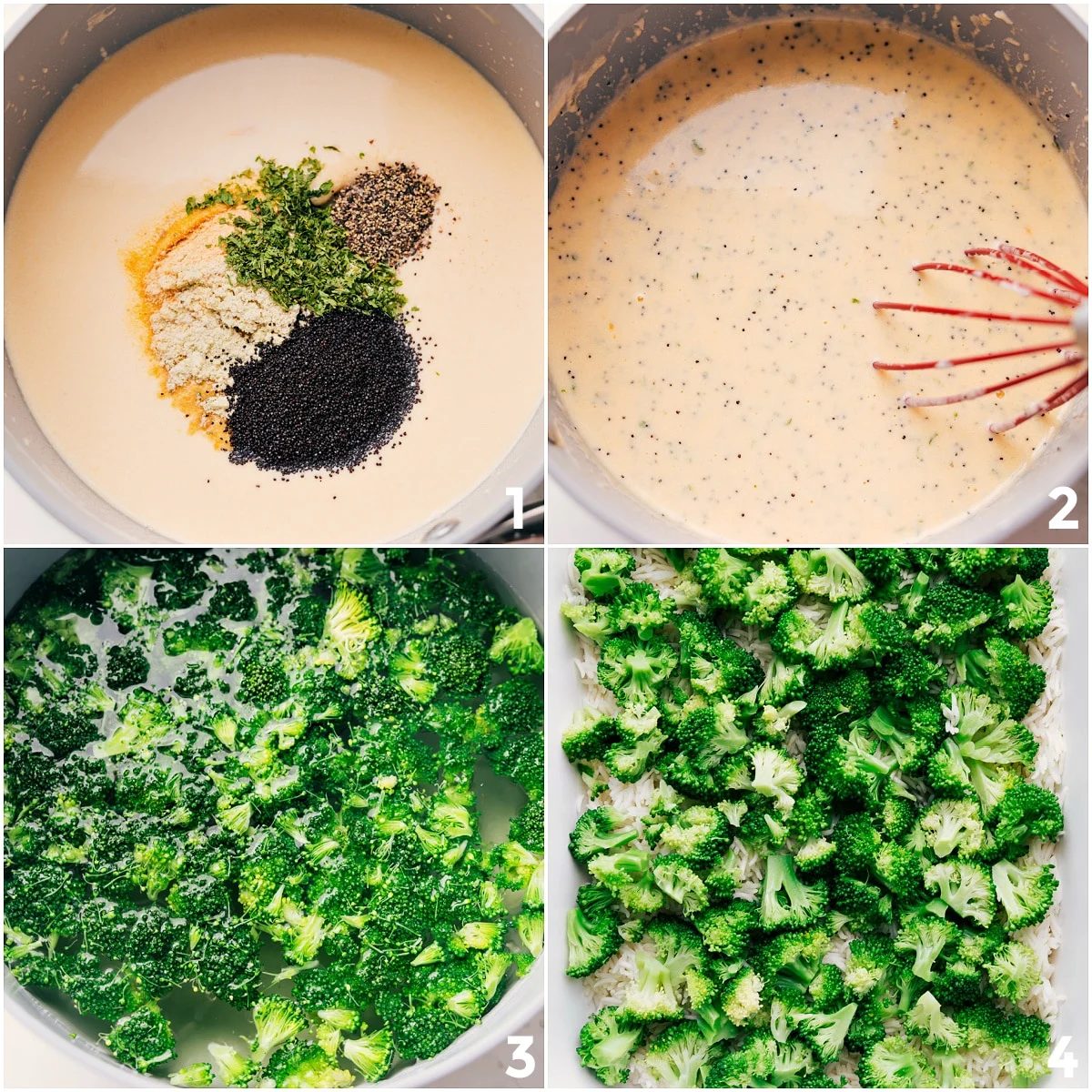 Cheesy cream sauce being whisked in a pot, broccoli cooking, and Poppy Seed Chicken Casserole being layered in a 9x13-inch pan.