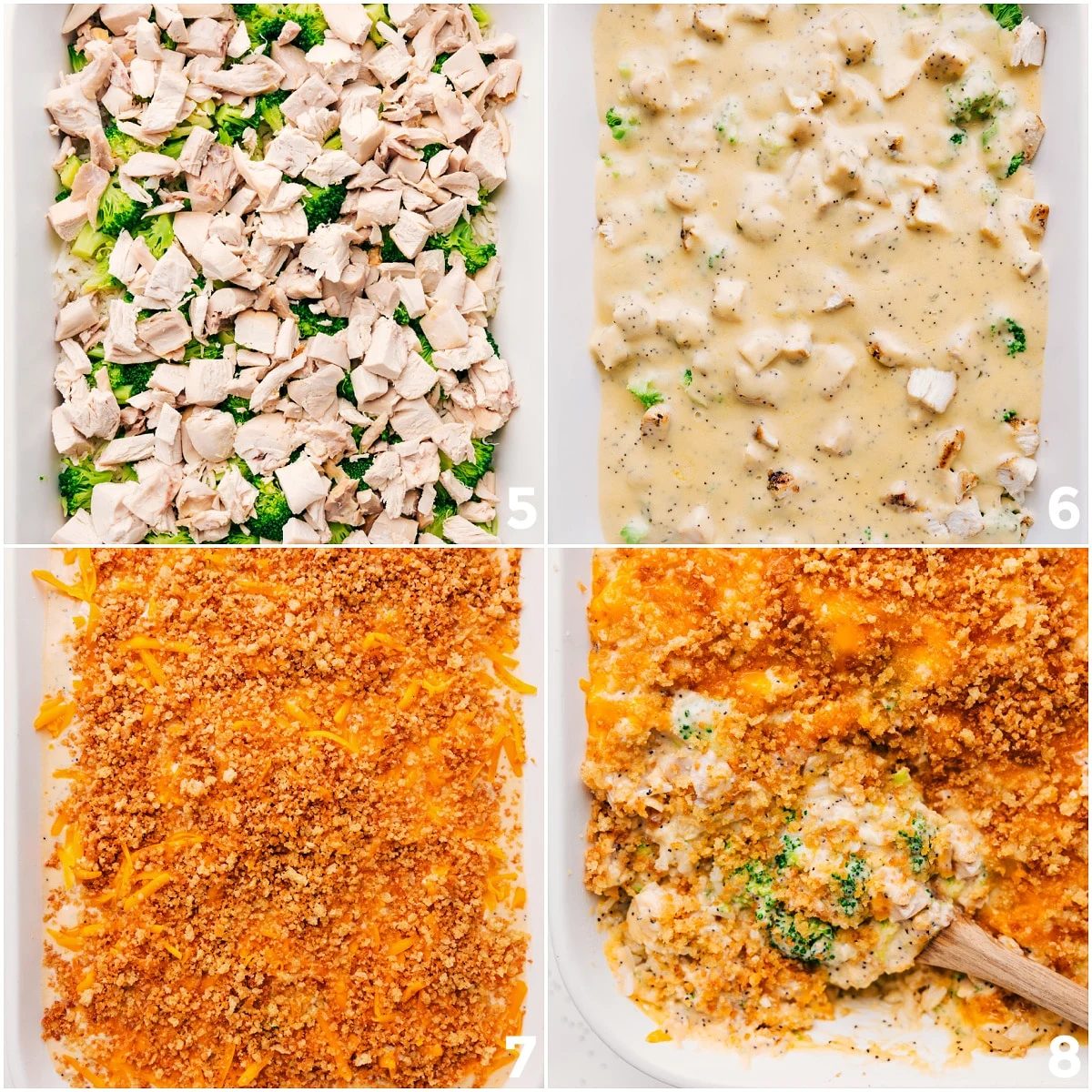 Chicken and cream sauce added to the pan, topped with panko, and baked until the edges turn golden for Poppy Seed Chicken Casserole.