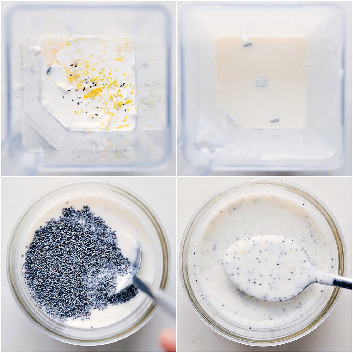 Ingredients for poppyseed dressing recipe in a blender, then poured into a mason jar with poppyseeds stirred in.
