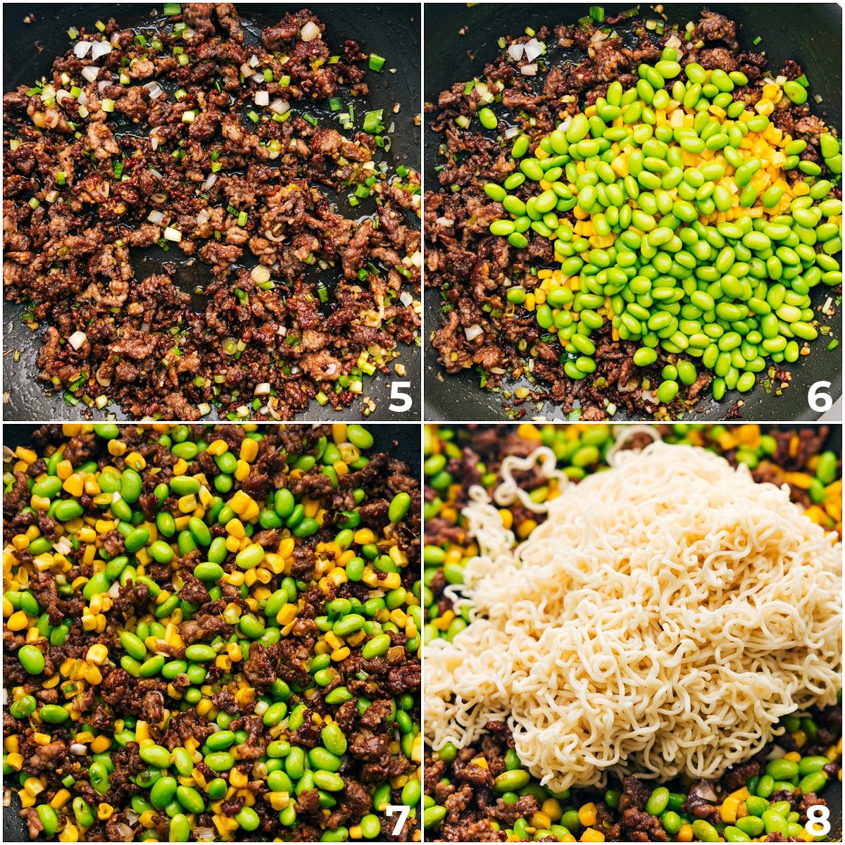 Edamame and corn being added and warmed through the pork then the noodles being added in with the meat for this Pork Ramen Stir Fry Recipe.
