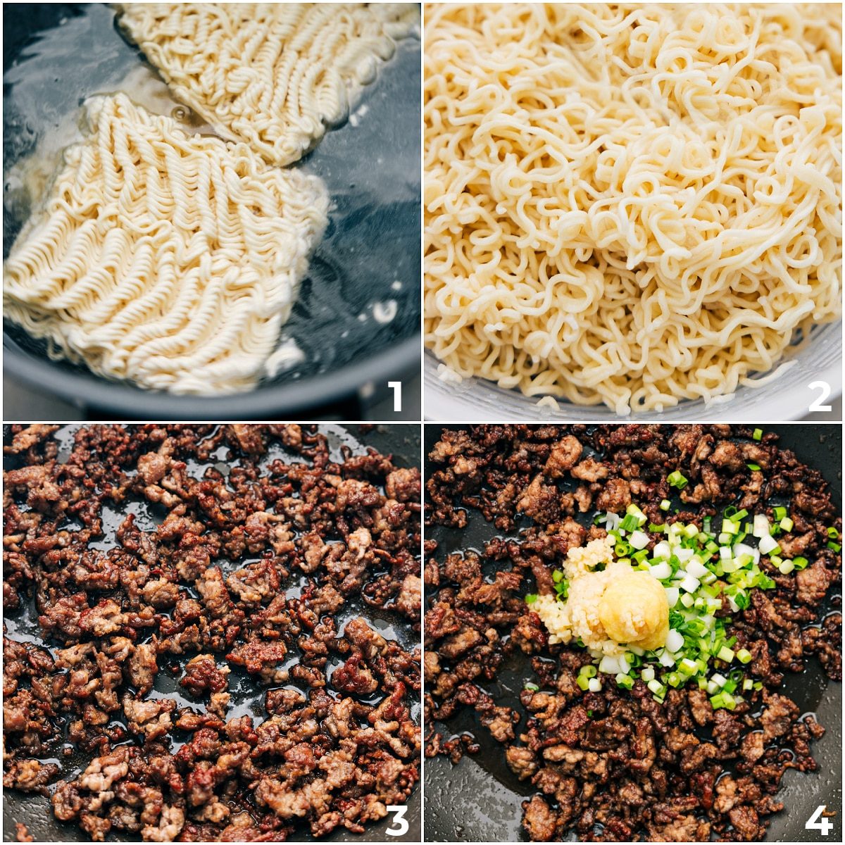 The noodles being boiled and the pork being browned and cooked through then ginger, garlic, and green onions being added.