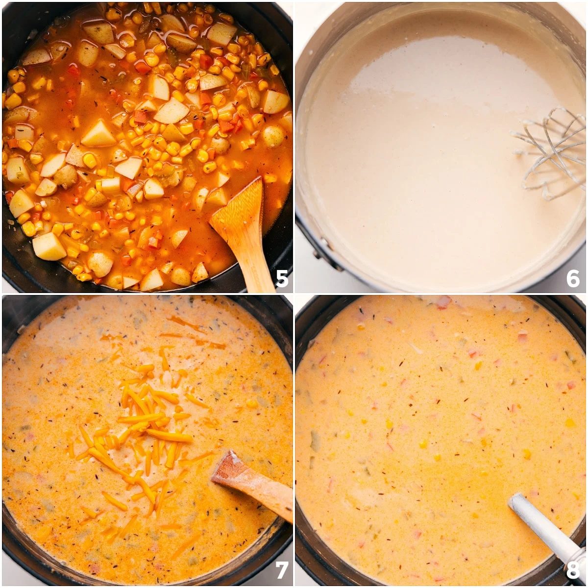 The cream sauce being whisked together and then added into the broth and veggie mix and cheese being added in.