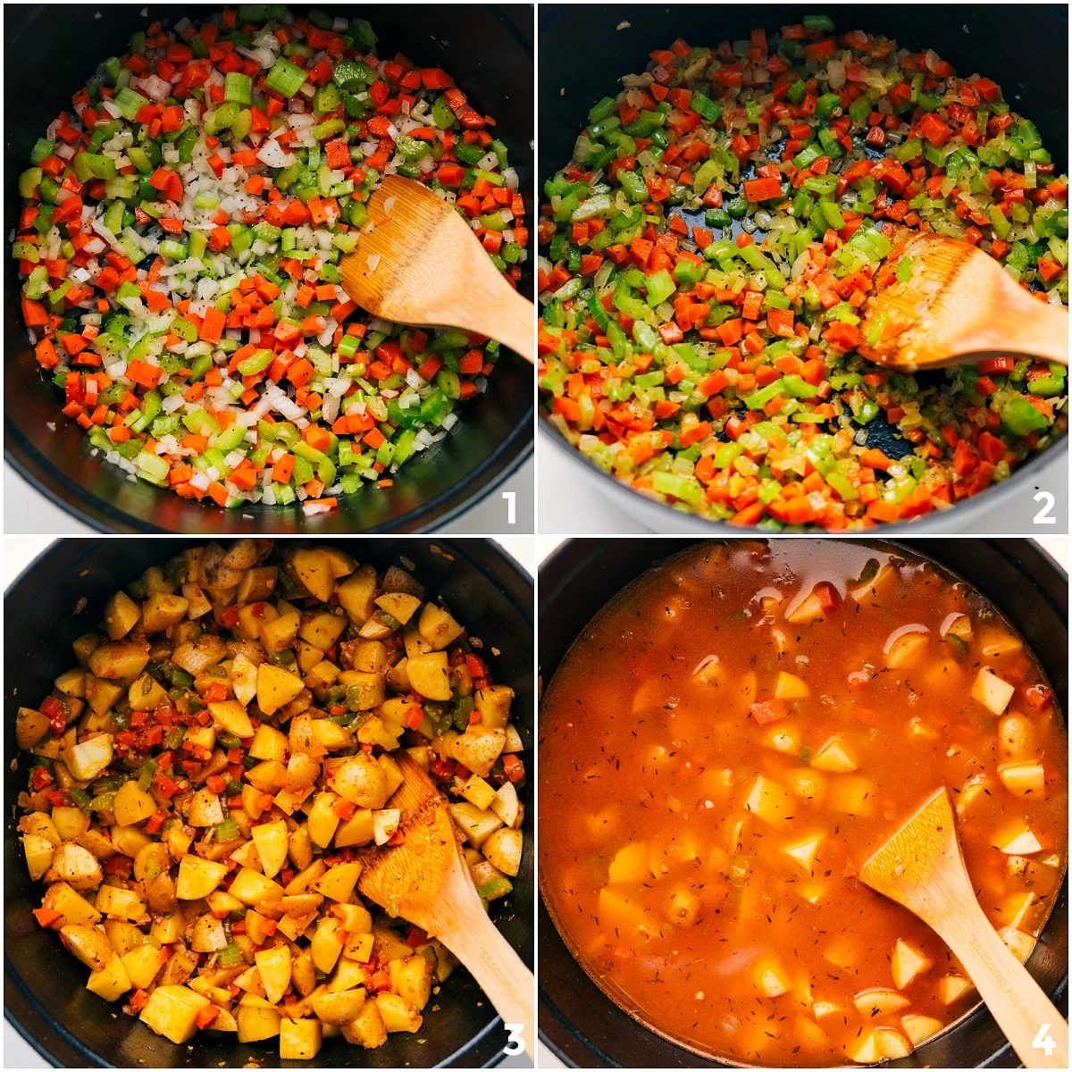 Mirepoix sautéed in a pot before adding potatoes and stock for this Corn and Potato Chowder Recipe.